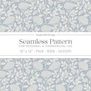 Bloco de impressão vintage Elderflowers Seamless Repeat Pattern em azul claro, papel digital para download instantâneo, estilo rústico de casa de campo francesa