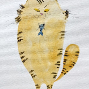 Illustrazione originale di gatto – Gatto soriano giallo con pesce – Arte animale stravagante – Acquerello dipinto a mano – Pezzo unico