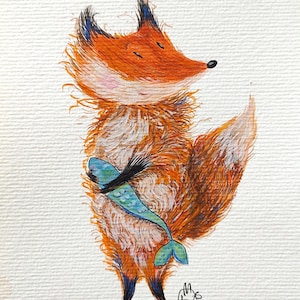 Illustrazione di volpe bizzarra – Acquerello originale e inchiostro – Volpe carina con pesce – Decorazione da parete con animali – Regalo per gli amanti della natura