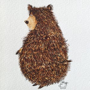 Illustrazione di un soffice orso bruno - Arte originale ad acquerello e inchiostro, decorazione per cameretta, decorazione murale con animali della foresta, ritratti di animali domestici personalizzati disponibili