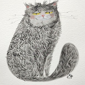 Opera d'arte originale di un gatto - Gatto soffice in acquerello e inchiostro - Ritratto di un animale domestico - Arte murale - Regalo per gli amanti dei gatti