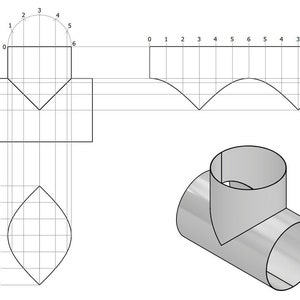 May include: A black and white line drawing of a 3D object. The object is a T-shaped pipe with a round opening on the top and a round opening on the side. The object is drawn on a grid with numbers 0-6 on the top and 0-5 on the side.