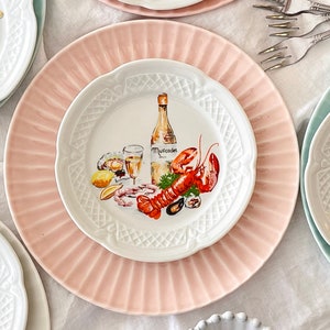 Set of 5 Louis Lourioux WINE and CHEESE Pattern 5.5" Canape Plates, Scalloped Rim, Limoges, Wine Lovers Gift, Wine Enthusiast, Wine Decor