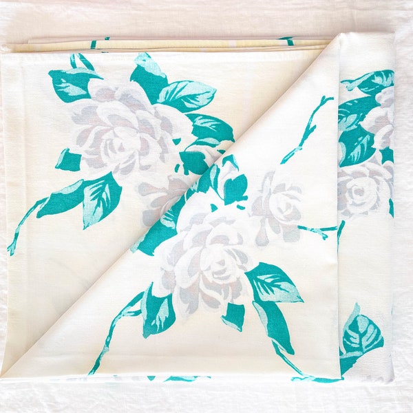 Faded Elegance 1950s Heavy Cotton Turquoise Tablecloth-Wilendur Tablecloth-Vintage Floral Tablecloth-Shabby Tablecloth-Boho Tablecloth