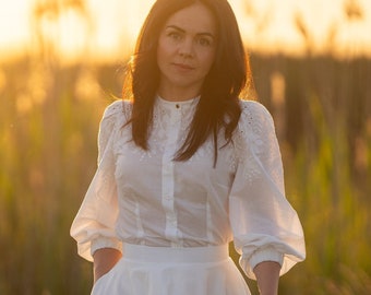 Puffy Sleeve Cotton Blouse / Cotton Top / Cotton Ruffled Blouse / Handmade / cotton mandarin collar shirt /Ivory shirt