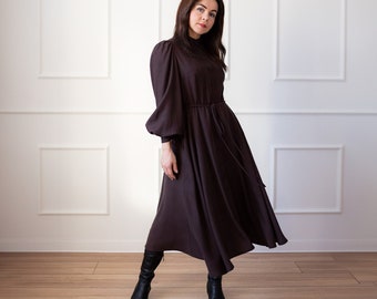 Natural fabric dress /brown midi dress with adjustable belt/tencel dress with pockets/button down dress with long puff sleeves and Stand-up