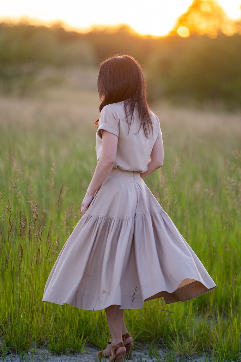 Waist linen Skirt/midi skirt/Handmade/Linen Maxi Skirt for Women/pleated skirt/Boho Skirt/Gathered linen skirt with pockets/high waist skirt image 3