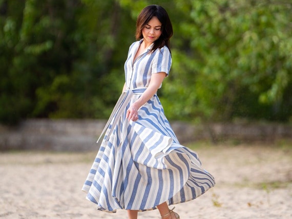 Women's Linen Dress,Linen Midi Dress, Plus Size Maxi Dress,Retro Dress,Button Up Linen Dress, Linen Shirt Dress,Striped Dress,Handmade Dress