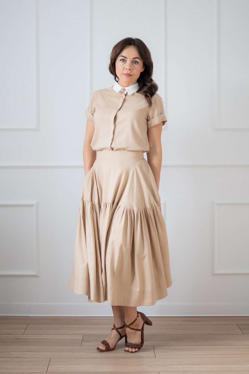 Waist linen Skirt/midi skirt/Handmade/Linen Maxi Skirt for Women/pleated skirt/Boho Skirt/Gathered linen skirt with pockets/high waist skirt image 8