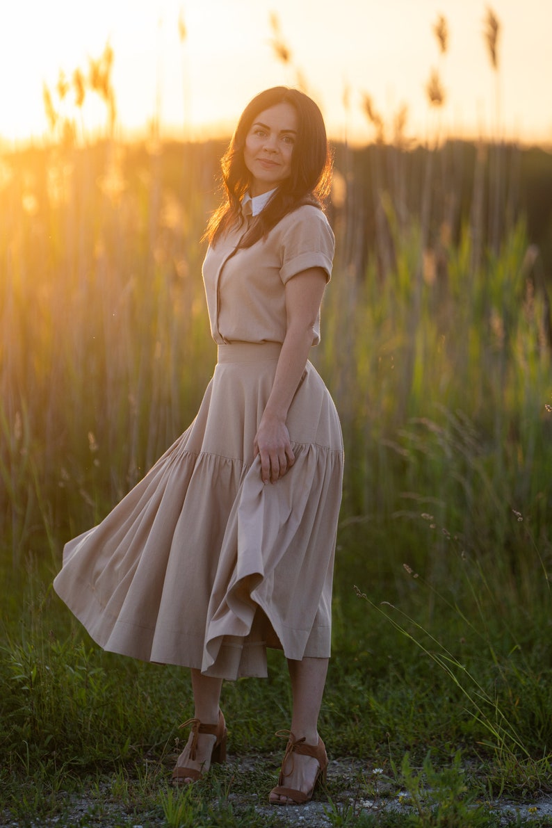 Waist linen Skirt/midi skirt/Handmade/Linen Maxi Skirt for Women/pleated skirt/Boho Skirt/Gathered linen skirt with pockets/high waist skirt image 4