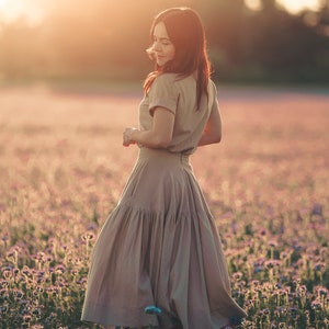 Waist linen Skirt/midi skirt/Handmade/Linen Maxi Skirt for Women/pleated skirt/Boho Skirt/Gathered linen skirt with pockets/high waist skirt image 2