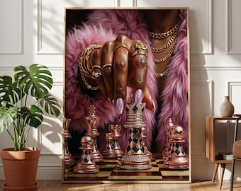 Pink Power Play Wall Art, Luxury Chess Print, Glam Black Woman, Pink Fashion Art, Black Queen Printable, Digital Download