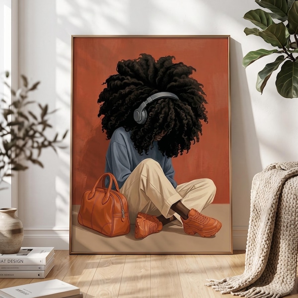 Afro Girl Music Wall Art Print, Black Woman Fashion Poster, Modern Afrocentric Decor, Stylish Urban Artwork, Digital Download