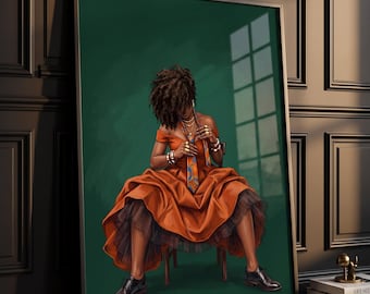 May include: A framed wall art print featuring an illustration of a person with dark curly hair wearing an off-the-shoulder burnt orange dress with a black tulle underskirt, a patterned orange tie, gold jewelry, and black leather oxford shoes.