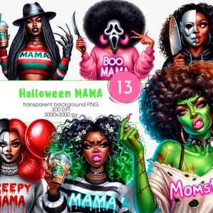 Op de afbeelding: Digitale kunst met zes gestileerde illustraties van vrouwen in Halloween-kostuums. De afbeeldingen bevatten een heks, een personage met een Scream-masker en een zombie. Tekst bevat "Halloween MAMA", "CREEPY MAMA", "MAMA", "MOMSTER" en het nummer "13".