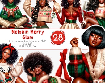 May include: Digital illustration featuring six Black women in festive attire. The image includes text that reads "Melanin Merry Glam." The women are depicted in various poses, wearing holiday sweaters, dresses, and Santa hats. The overall theme is Christmas and holiday season.