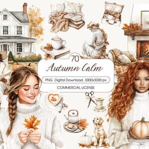 Watercolor Autumn Cozy Clipart Bundle, Cottagecore Fall Aesthetic, Reading, Pumpkins, Books, Journaling PNG, Scrapbooking, Commercial Use