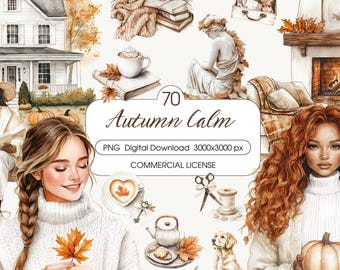 Watercolor Autumn Cozy Clipart Bundle, Cottagecore Fall Aesthetic, Reading, Pumpkins, Books, Journaling PNG, Scrapbooking, Commercial Use