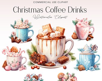 Watercolor Christmas Coffee Clipart, Pink and Blue Mugs (Digital Download)