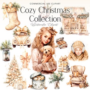 Cozy Boho Christmas Clipart, Watercolor Christmas Clipart, Winter Wonderland Clipart, Christmas Cards, Holiday Season, Ornaments Clipart