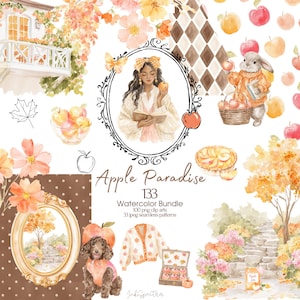 May include: A digital watercolor collection titled Apple Paradise 133 featuring illustrations of a person reading, a rabbit with a basket of apples, a poodle, a cardigan, a stone path, flowers, and apples, presented as a bundle of clip art and patterns.