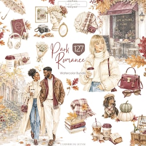 May include: A digital watercolor collection titled Park Romance 127 featuring illustrations of a couple walking, a person in a puffer jacket, a dachshund, autumn leaves, coffee cups, books, a camera, a cafe storefront, and various accessories.