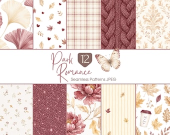 May include: A collection of 12 seamless digital patterns titled Park Romance, featuring ginkgo leaves, autumn foliage, plaid, cable knit textures, damask, floral prints, glitter, and a coffee cup with the text Fall in Love and a butterfly.