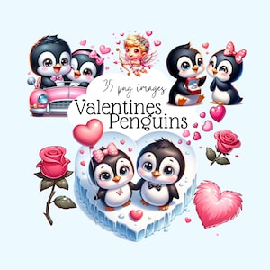 35 imágenes prediseñadas de pingüinos de San Valentín, lindas ilustraciones de amor de pingüinos, gráficos románticos de animales de amor, regalo de San Valentín, imprimible de San Valentín