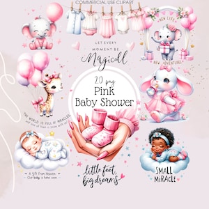 Girl&#39;s Baby Shower Watercolor Clipart - 20 PNG Pink Nursery Decor, Printable Art for Shower Invites & Party Decoration,Digital Baby Graphics