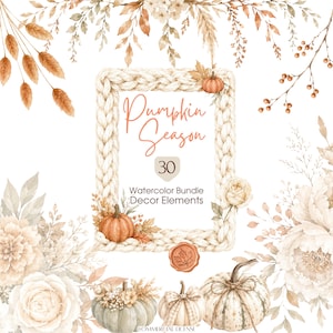 May include: A digital graphic featuring a central rectangular frame made of cream-colored braided yarn, decorated with watercolor pumpkins and flowers. The text reads Pumpkin Season 30 Watercolor Bundle Decor Elements with a wax seal below.