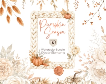 May include: A digital graphic featuring a central rectangular frame made of cream-colored braided yarn, decorated with watercolor pumpkins and flowers. The text reads Pumpkin Season 30 Watercolor Bundle Decor Elements with a wax seal below.