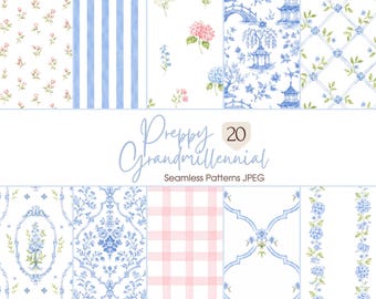 Watercolor Preppy Grandmillennial Seamless Patterns, Pastel Floral JPEG, Stripes, Digital Repeating Pattern, Scrapbook Paper