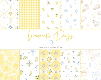 May include: A collection of ten seamless patterns in a watercolor style. The patterns feature lemons, gingham, floral designs, seashells, and Italian-inspired motifs in yellow, blue, and white. The text "Limoncello Days" is displayed in cursive font.
