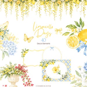 Limoncello Days dekorelement, akvarell citronramar, blommiga kanter PNG, digital nedladdning för inbjudningar och varumärkesbyggande