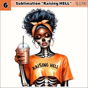 Sublimation « Raising Hell » PNG, fille noire Halloween PNG, Clipart Halloween tendance, Clipart Halloween Orange, T-shirt et mug fille tête de mort