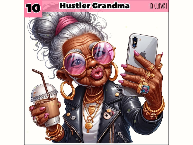 Pode incluir: Uma ilustra&ccedil;&atilde;o de desenho animado de uma mulher de cabelo grisalho vestindo uma jaqueta de couro preta, &oacute;culos de sol rosa e joias de ouro. Ela est&aacute; segurando um smartphone em uma m&atilde;o e uma x&iacute;cara de caf&eacute; gelado na outra. O texto "Hustler Grandma" est&aacute; escrito acima de sua cabe&ccedil;a.