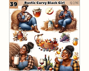 Watercolor Rustic Curvy Black Girl Clipart, Fall PNG Images (Digital Download)