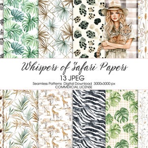 May include: A digital art collection titled "Whispers of Safari Papers" featuring 13 JPEG seamless patterns. The patterns include animal prints, tropical leaves, and illustrations of giraffes. The image also includes a woman holding a bobcat.