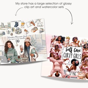 May include: Two digital art prints. One features a woman at a desk with a laptop, the text "Winter Mood", and the number 99. The other shows several women in pink robes with the text "Self Care Curvy Girls".