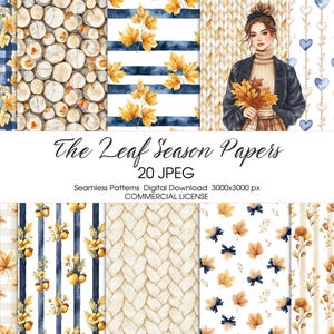 May include: A digital paper pack titled "The Leaf Season Papers" featuring 20 JPEG seamless patterns. The patterns include autumn leaves, wood textures, and a woman holding leaves. The image also includes text that says "COMMERCIAL LICENSE".
