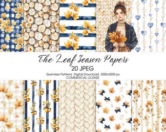 Watercolor Autumn Leaf Pattern, Seamless Fall Paper (Digital Download)