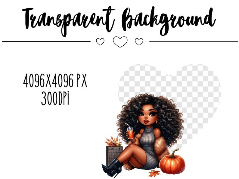 May include: A digital illustration of a Black woman with curly brown hair wearing a gray dress and a brown fur coat. She is holding a glass of orange juice and sitting next to a pumpkin and a bag of fall leaves. The background is a transparent checkered pattern.