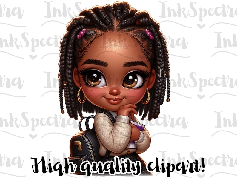 May include: A digital illustration of a young Black girl with long braids, wearing a white collared shirt, a black backpack, and a plaid skirt. She is holding a book and has a thoughtful expression on her face.