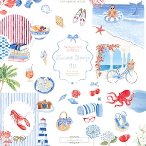 May include: A collection of watercolour illustrations with a coastal theme, including a lighthouse, bicycle, and beach accessories. The image features a variety of items, such as a lobster, ice cream cone, and a person in a floatie. The text reads "Riviera Breeze".