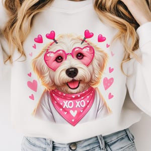 Perro Goldendoodle PNG, regalo de San Valentín para mamá Doodle, lazo rosa para perro Coquette PNG para San Valentín, diseño de camiseta de sublimación Labradoodle, amante de los perros