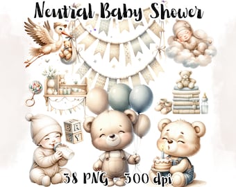 Aquarel genderneutraal babyshower clipart, teddybeer clipart, kwekerij clipart, schattige teddybeer png, boho baby clipart, gender Reveal