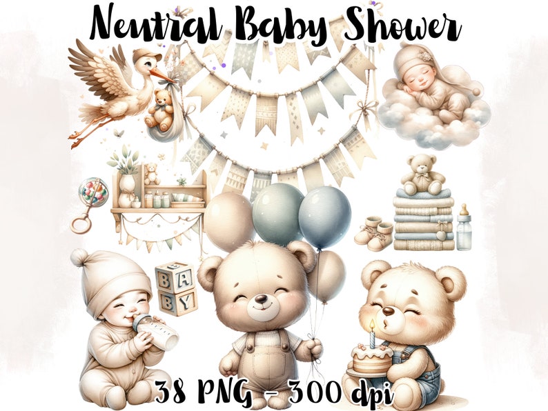Watercolor Gender Neutral Baby Shower Clipart, Teddy Bear Clipart ...