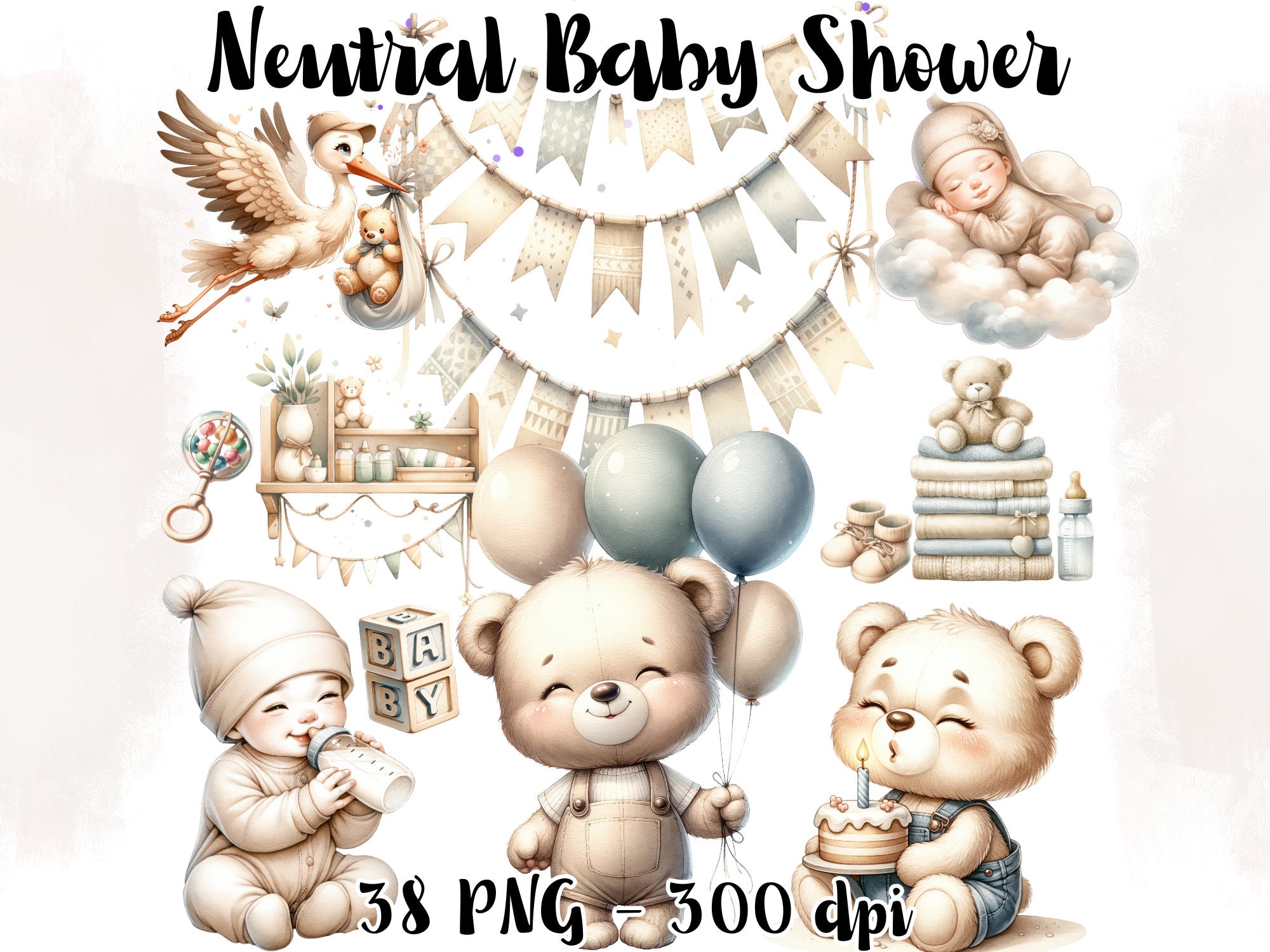 Watercolor Gender Neutral Baby Shower Clipart, Teddy Bear Clipart ...
