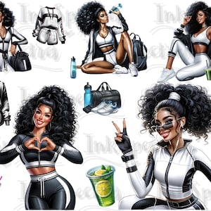 May include: Digital illustration of five women in various poses wearing athletic wear. The women are all wearing black and white athletic wear with a Nike logo on one of the outfits. The women are all smiling and looking confident.