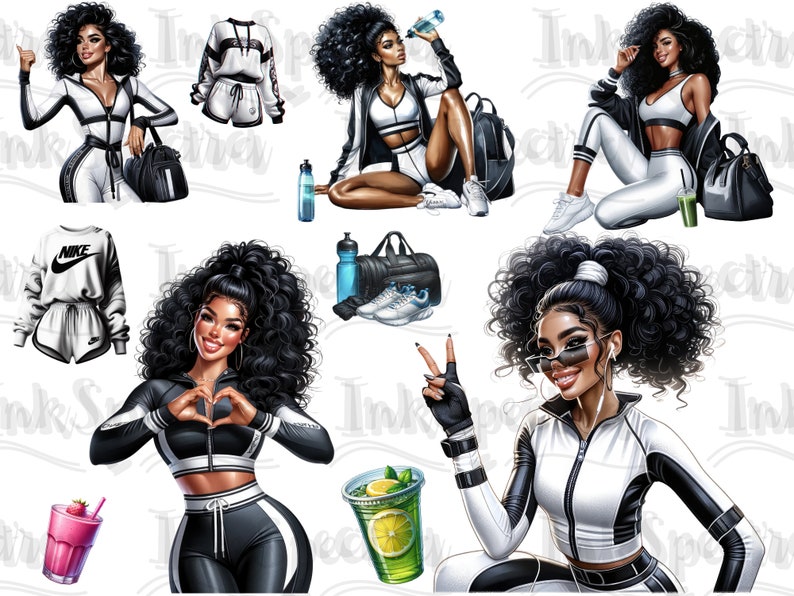 May include: Digital illustration of five women in various poses wearing athletic wear. The women are all wearing black and white athletic wear with a Nike logo on one of the outfits. The women are all smiling and looking confident.